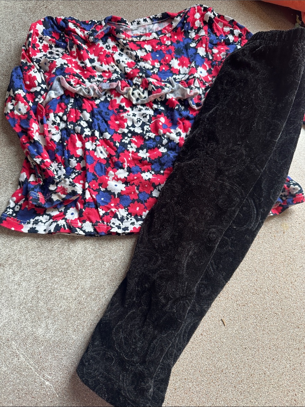 Joe Fresh Girls Floral Top and Black Velvet Pants Set - Red, Blue, White, Black